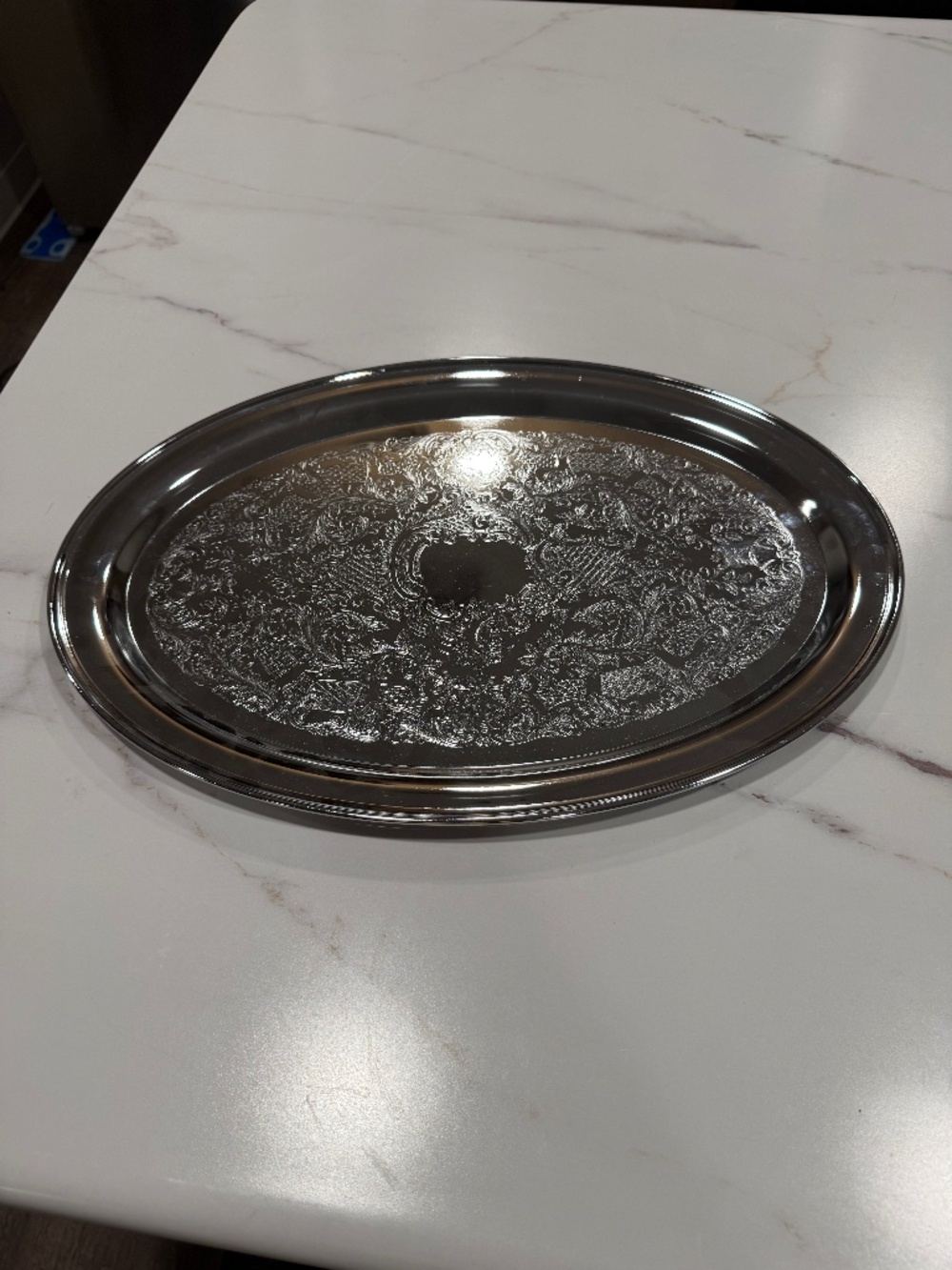 Vintage Irvinware  chrome serving tray with handles. Engraved with seashells.